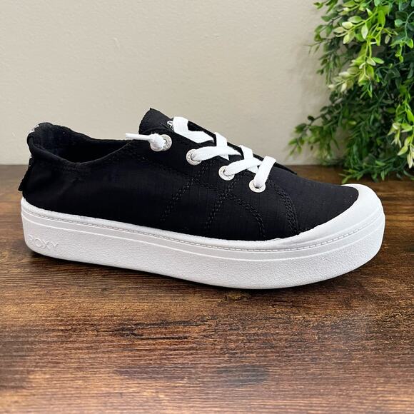 ROXY Bayshore Platform Sneakers 8.5 Black Canvas Lace Up Memory Foam Slip On - Picture 2 of 10